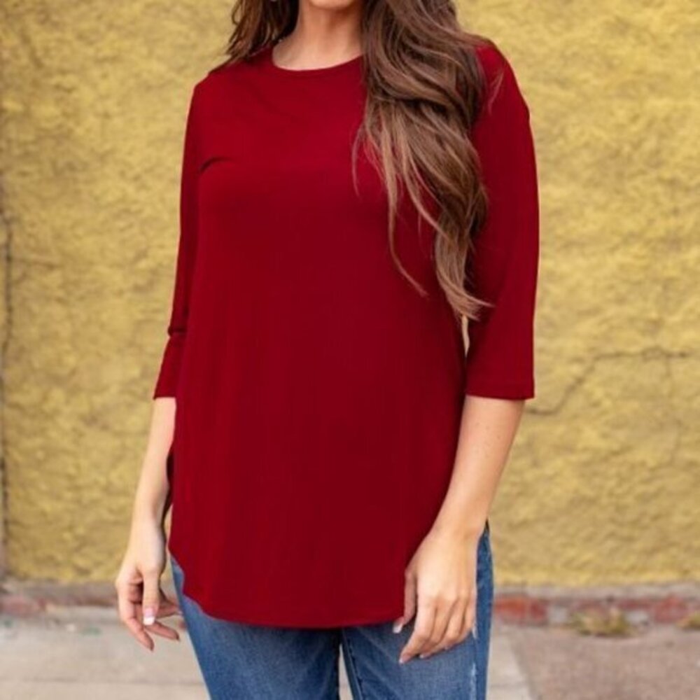 Tunic with Elbow Sleeves and Side Slits Wine Color Size Large